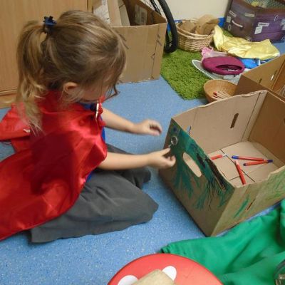 The children worked together to build a Bat Cave in our deconstructed role play area.