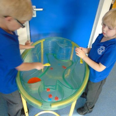 The children have enjoyed exploring capacity and 'fishing' for sounds in the water tray.