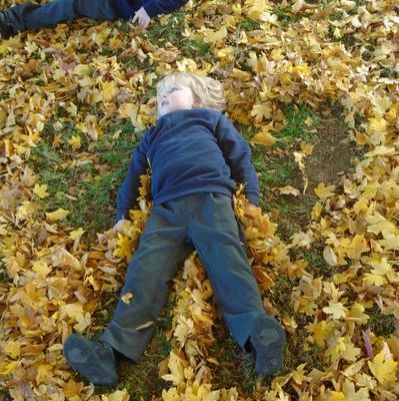 On a sunny autumn afternoon the children worked together to create large scale art using leaves.